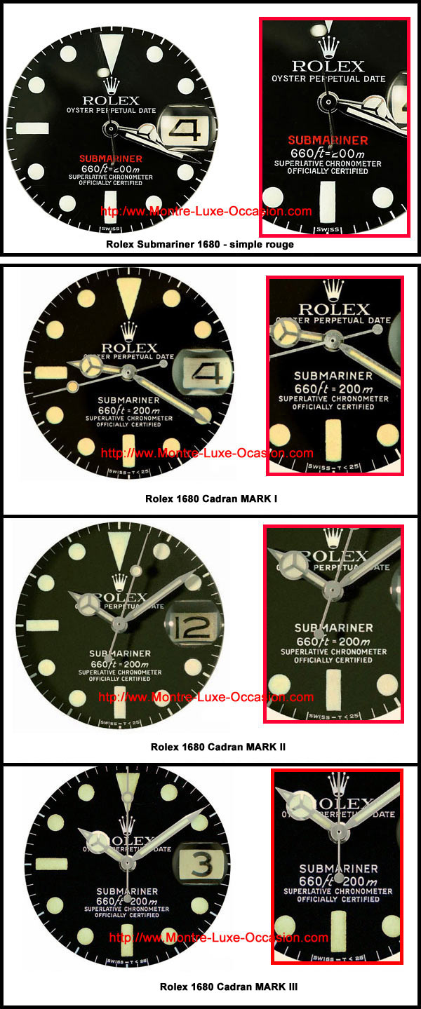 Montre-Luxe-Occasion.com-Submariner-1680-Cadrans-mark1-2-3 Submariner 1680 - Cadran rouge - MARK I - MARK II - MARK III